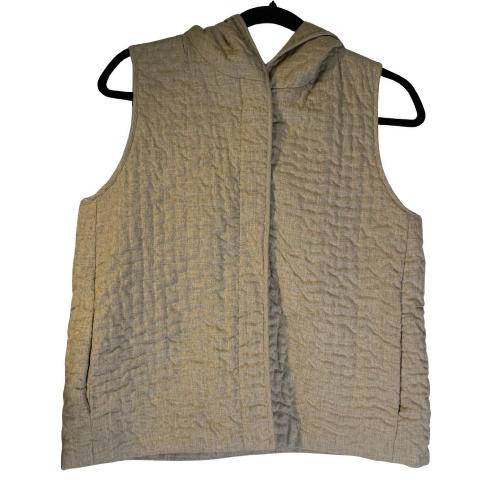 Eileen Fisher Quilted Hoodie Vest Size PS Petite S Oatmeal Neutral 100% Cotton